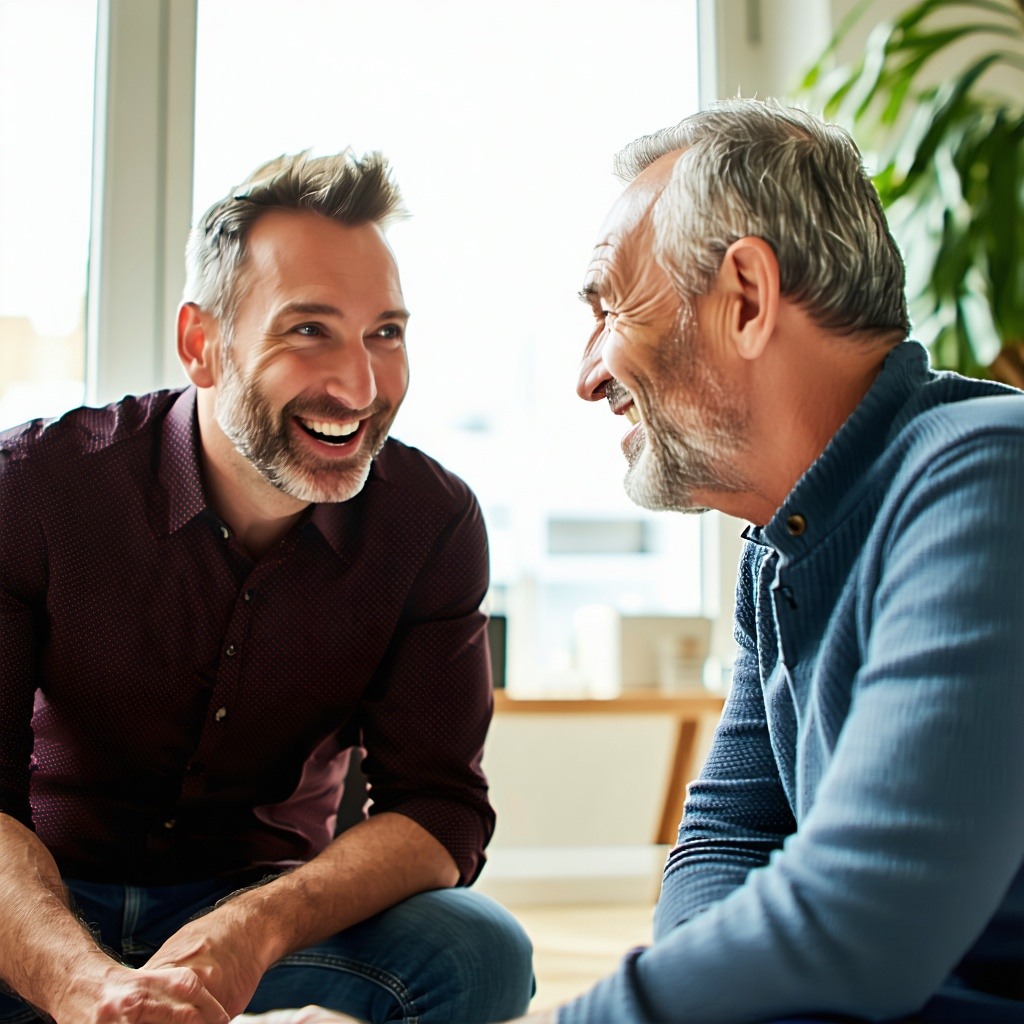 Therapyst talking with men in 50s age men looks happy in therapy image show only two handsome mens