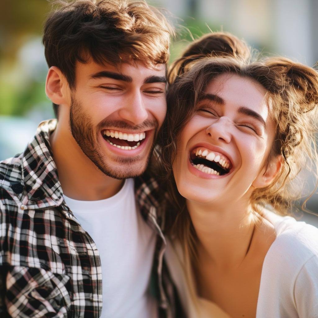 create a couple of young male and woman, laughing and having fun