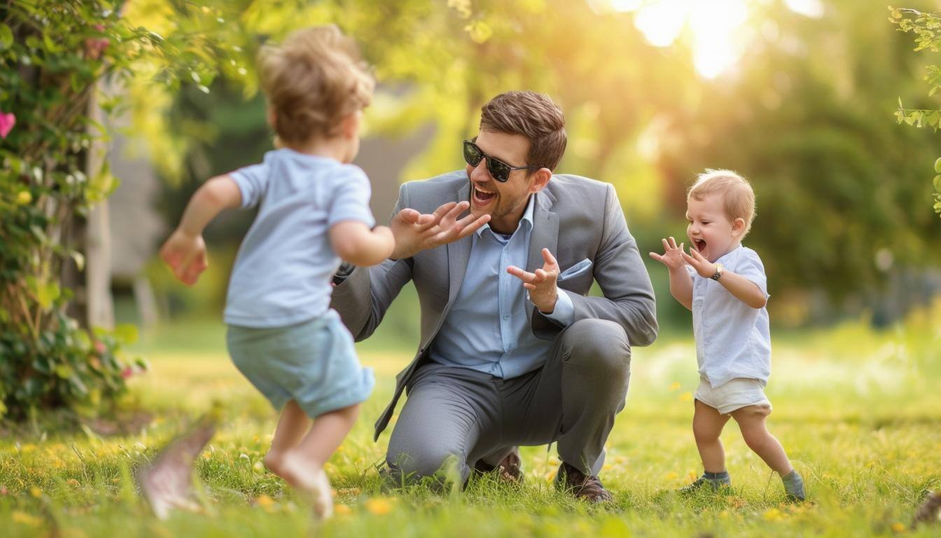 create an image of an young and cool executive in casual suit playing with his kids outdoor